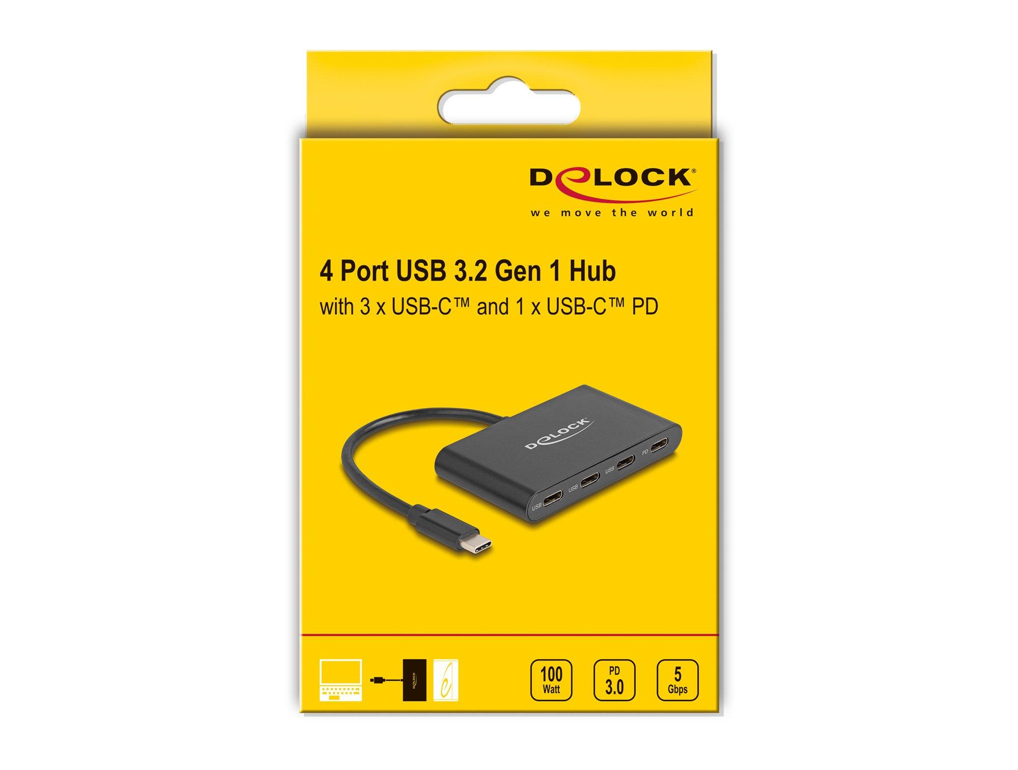 DeLock  USB 3.2 Gen 1 USB Type-C Hub mit 3 x USB Type-C Buchse + 1 x USB Type-C PD 100 Watt 