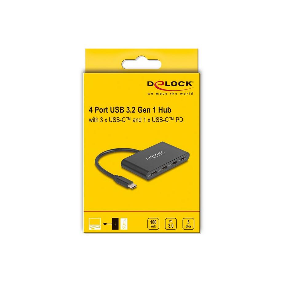 DeLock  USB 3.2 Gen 1 USB TypeC„¢ Hub mit 3 x USB TypeC„¢ Buchse + 1 x USB TypeC„¢ PD 100 Watt 