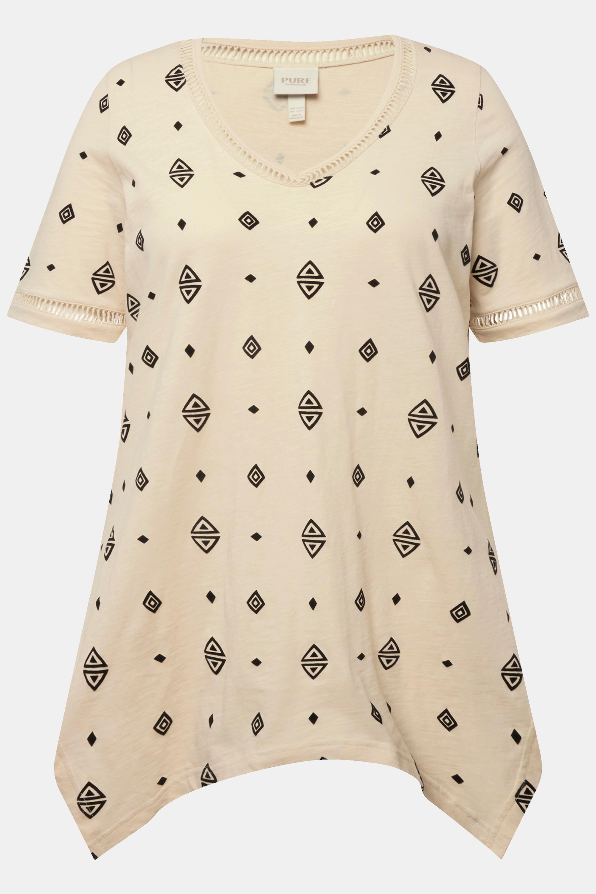 Ulla Popken  T-shirt en coton bio, motif losanges. Col en V et manches courtes. 