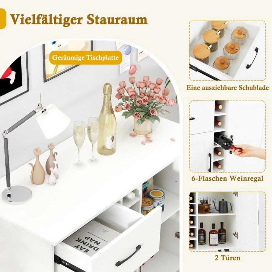 Northio Sideboard mit 6-Flaschen Weinregal & Schublade & 2 Türen Moderner Weinbar Schrank Weiß  