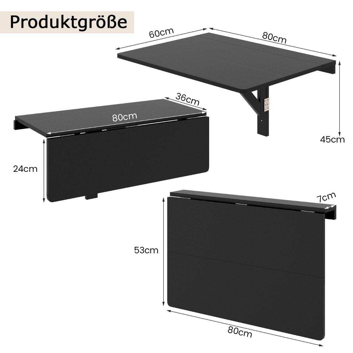 B2X Wandmontierter Klapptisch Platzsparender Küchentisch Klappbarer Wandtisch 80 x 60 cm Schwarz  