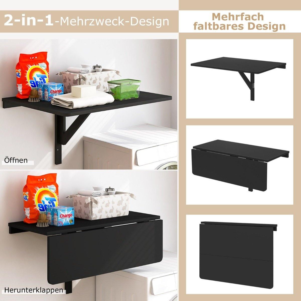 B2X Wandmontierter Klapptisch Platzsparender Küchentisch Klappbarer Wandtisch 80 x 60 cm Schwarz  