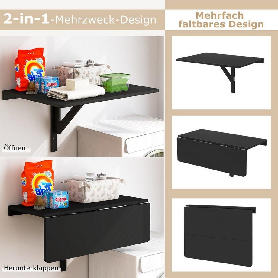 B2X Table pliante murale, gain de place, table de cuisine, table murale pliante, 80x60 cm, noir  