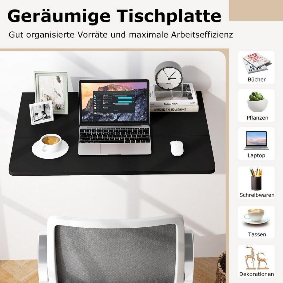 B2X Table pliante murale, gain de place, table de cuisine, table murale pliante, 80x60 cm, noir  