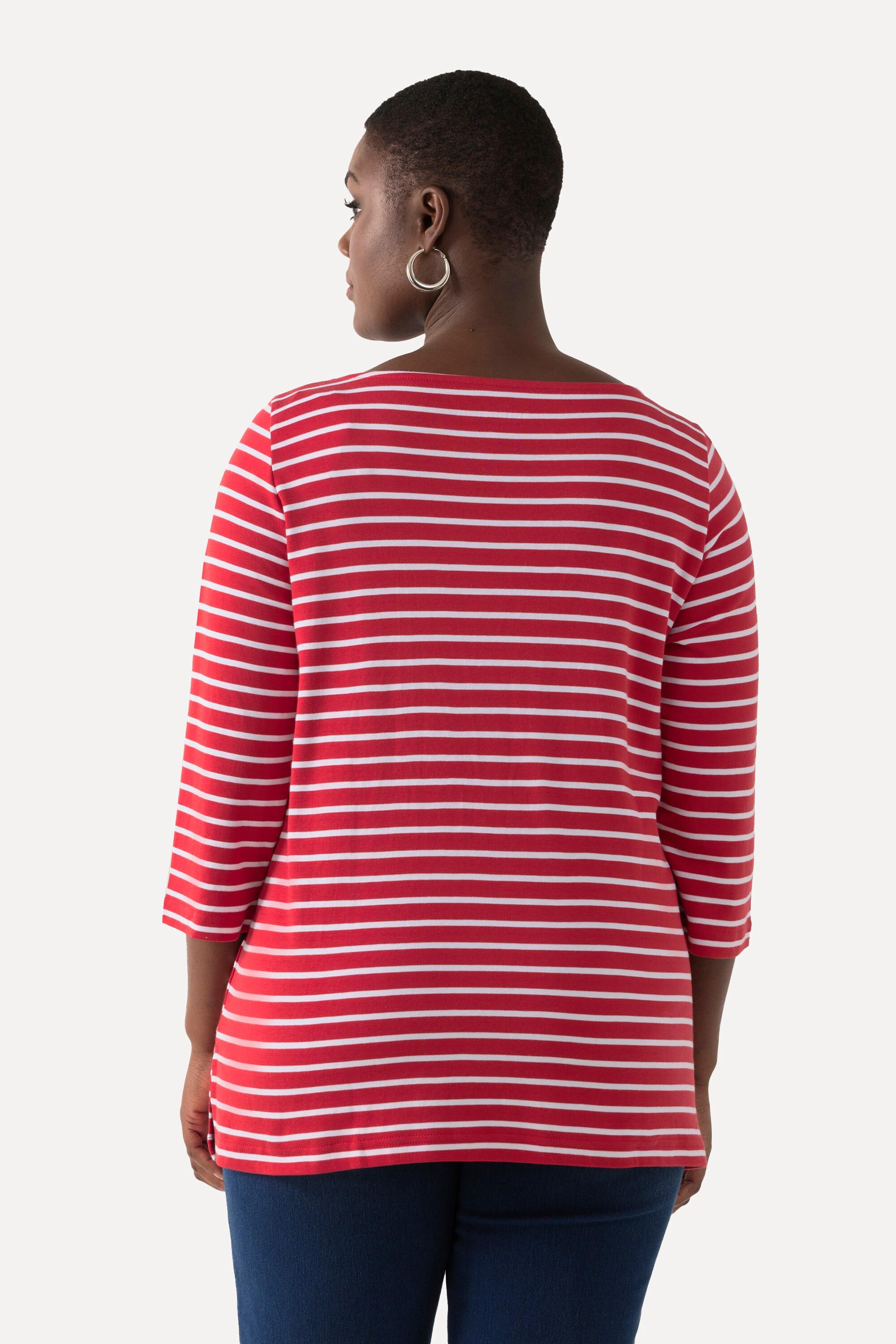 Ulla Popken  T-shirt rayé en coton Pima. Décolleté bateau et manches 3/4. 