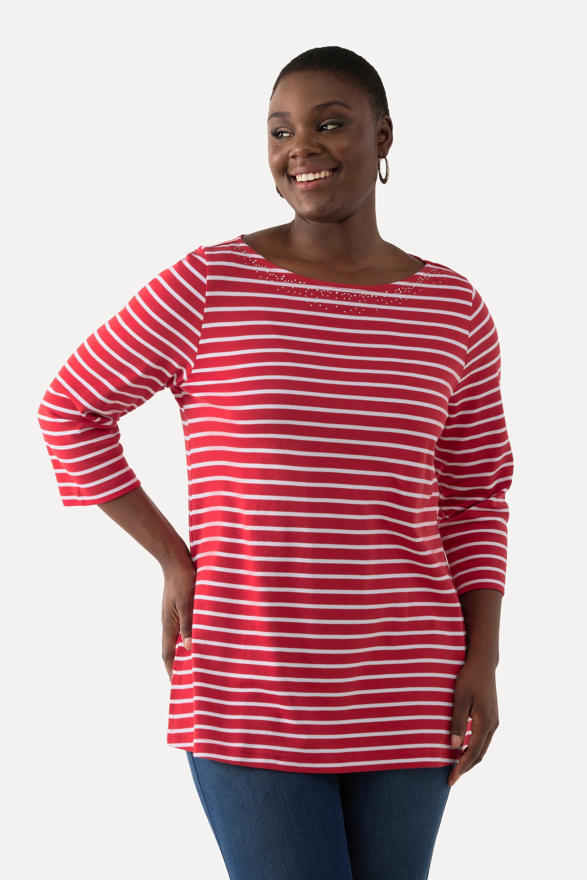 Ulla Popken  T-shirt rayé en coton Pima. Décolleté bateau et manches 3/4. 