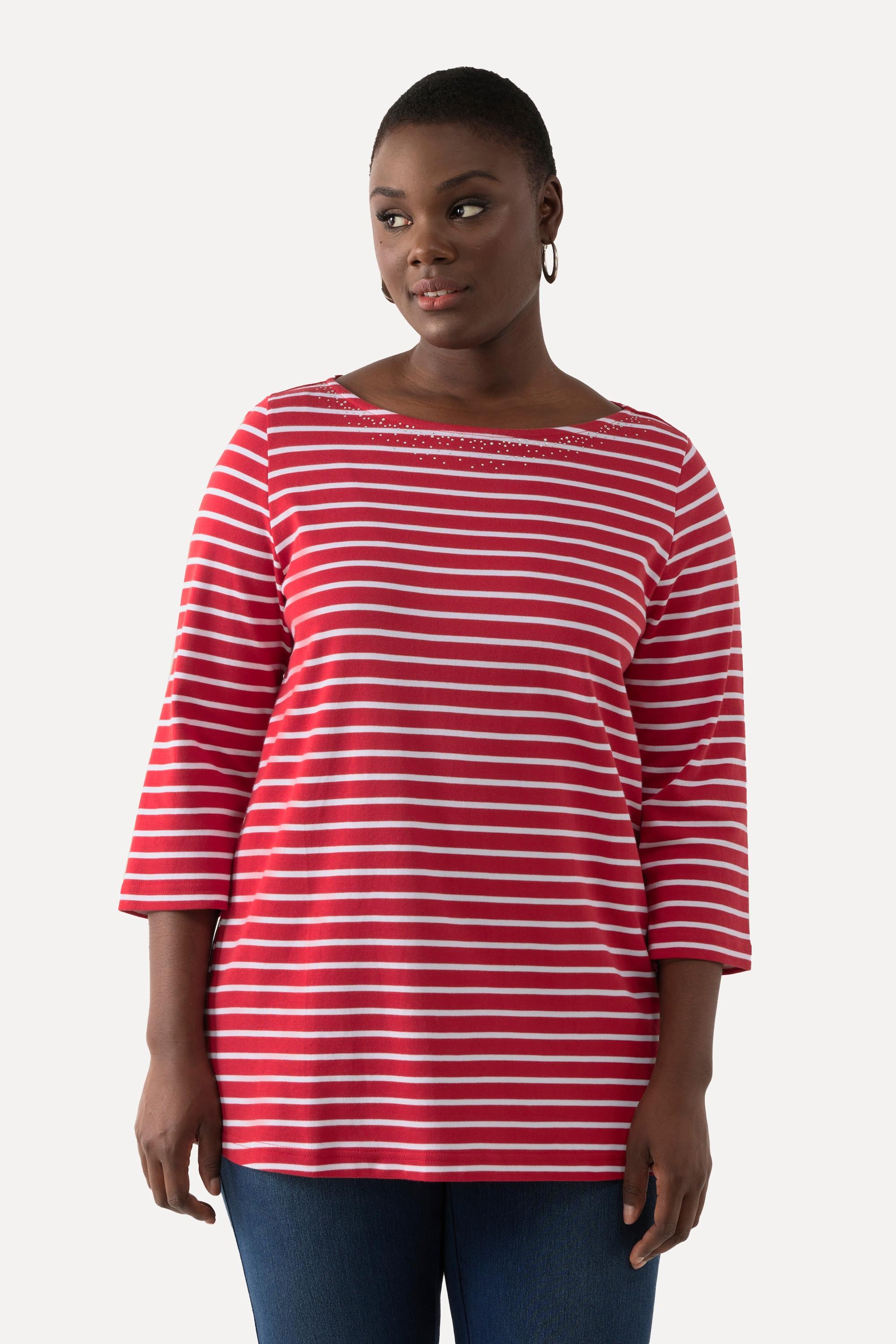 Ulla Popken  T-shirt rayé en coton Pima. Décolleté bateau et manches 3/4. 