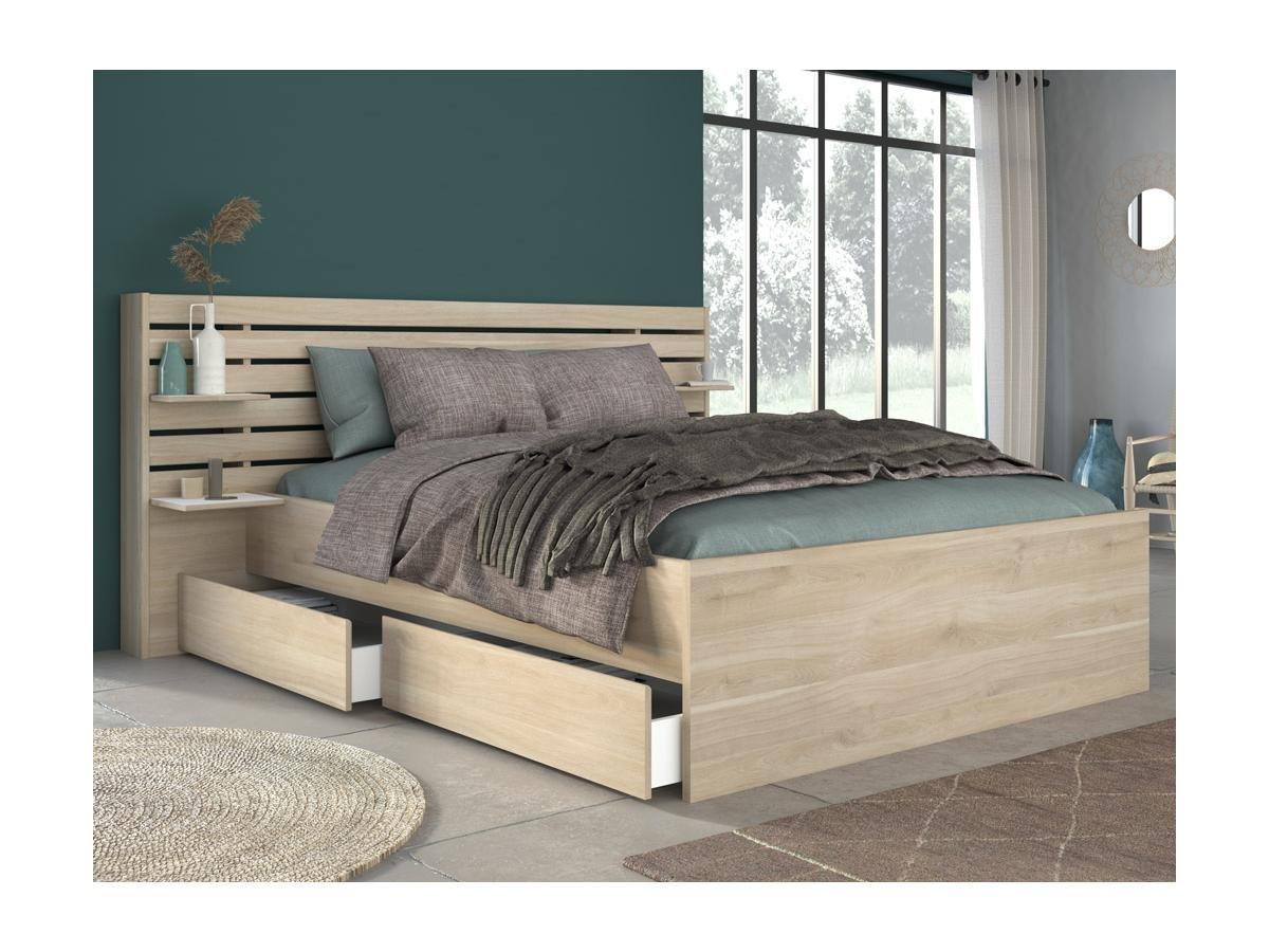 Vente-unique Lit 140 x 190/200 cm avec rangements - Coloris : Naturel + Sommier - TENALIA II  