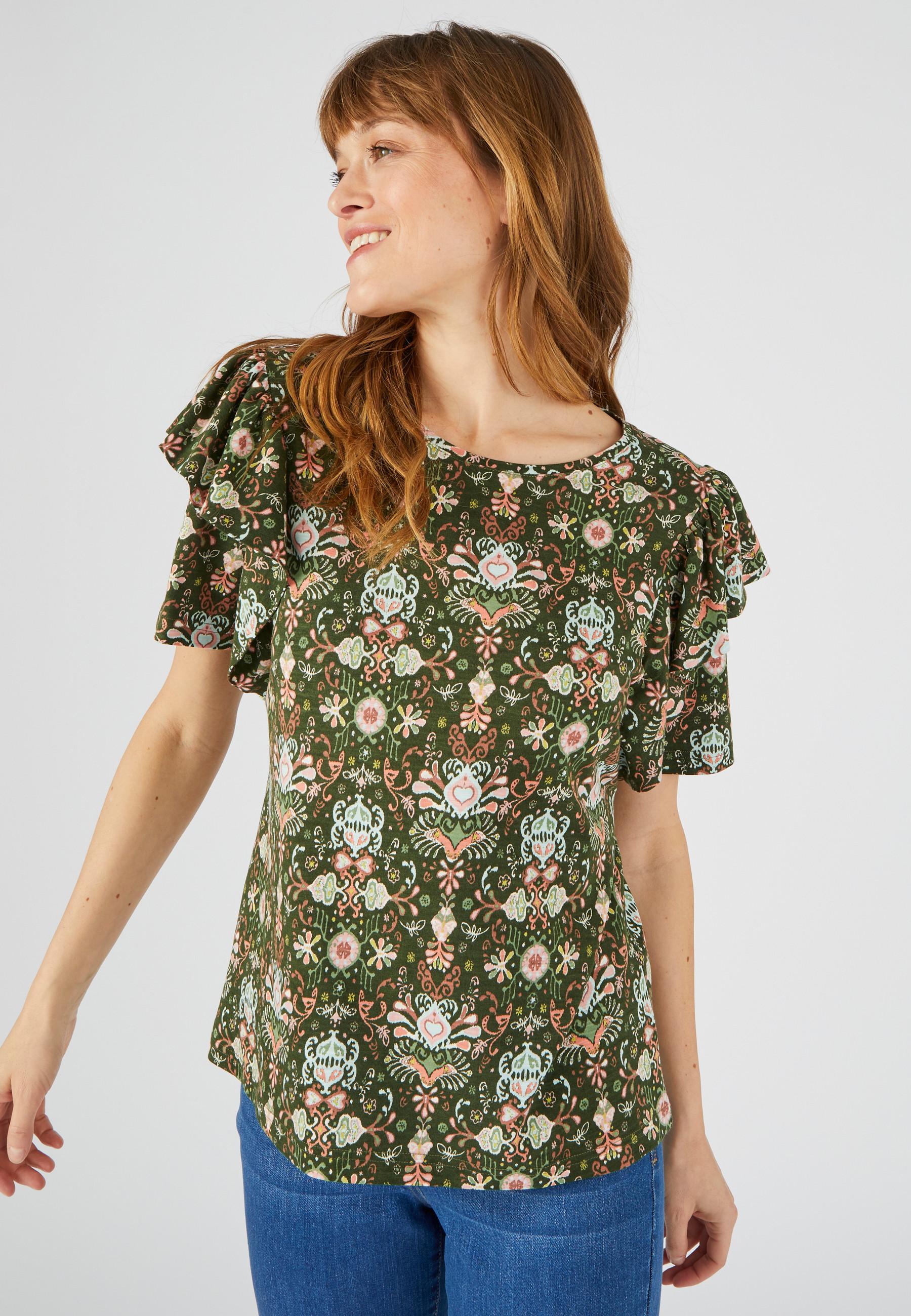 Image of T-shirt Mit Gerüschten Schmetterlingsärmeln Damen Grün 50/52