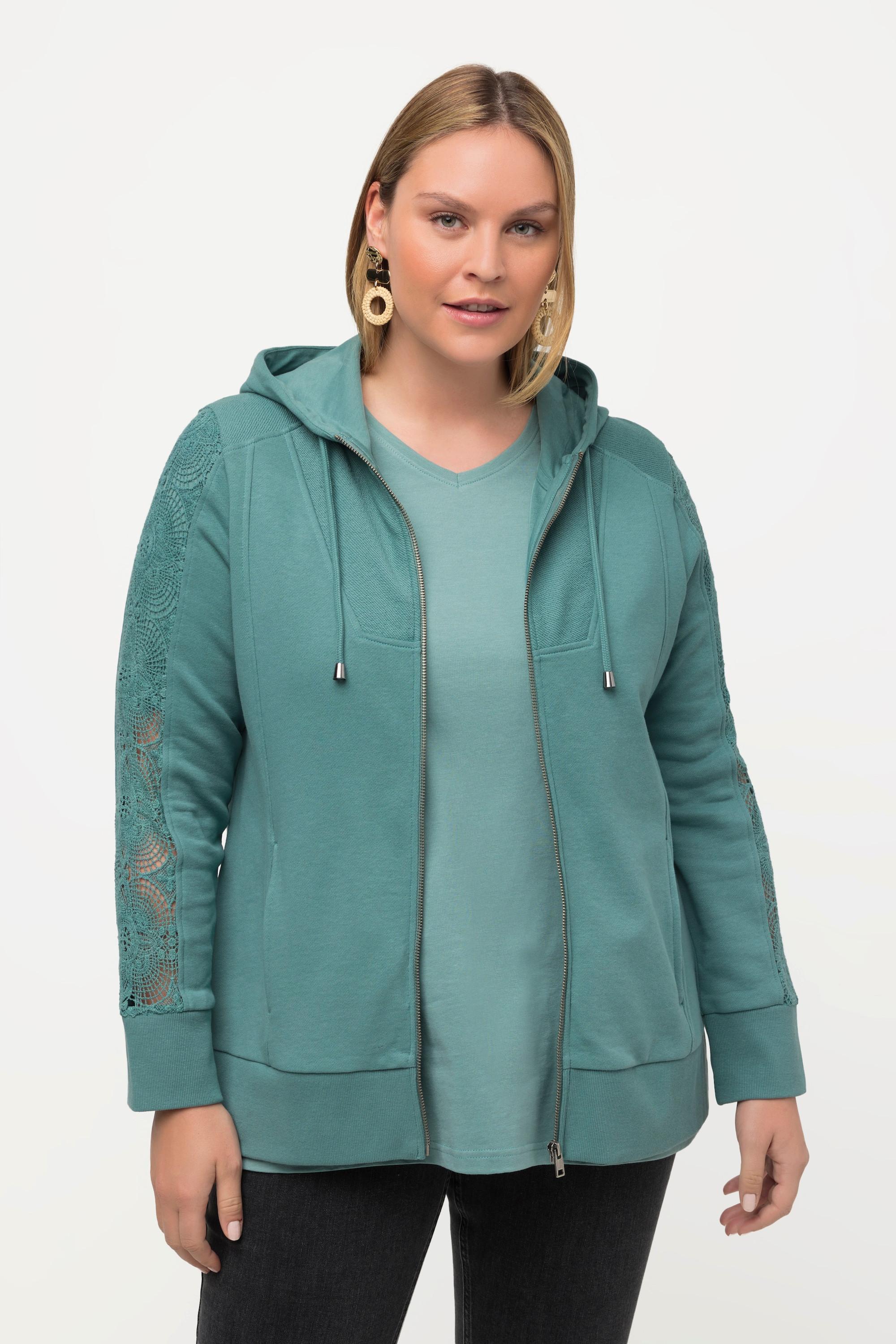 Ulla Popken  Hoodiejacke, Spitze, Kapuze, Biobaumwolle 