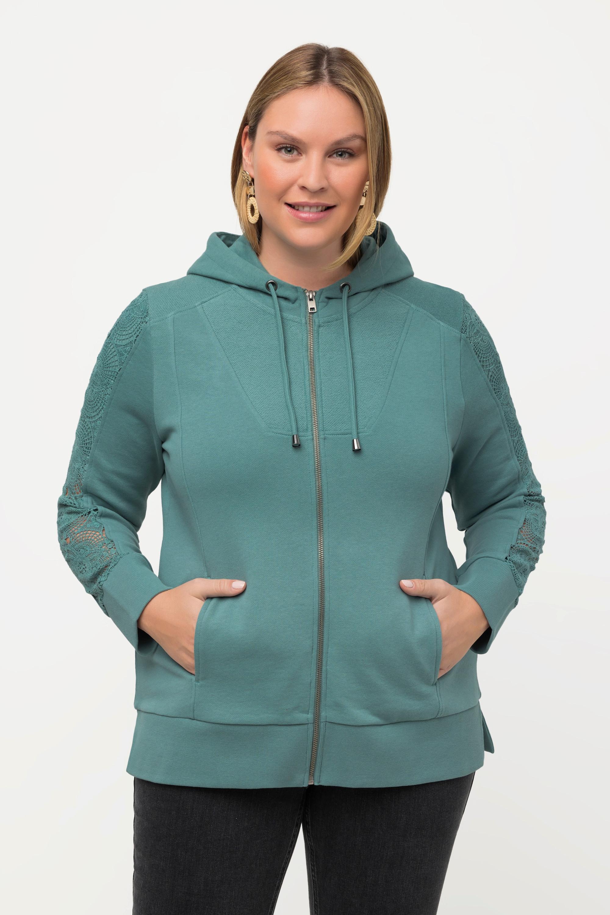 Ulla Popken  Hoodiejacke, Spitze, Kapuze, Biobaumwolle 