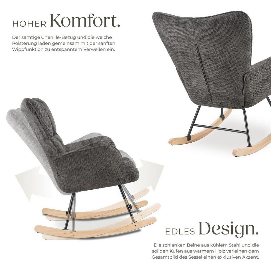 Tectake Schaukelstuhl Torve gepolstert, mit Chenille-Bezug, gesteppt große Rückenlehne  