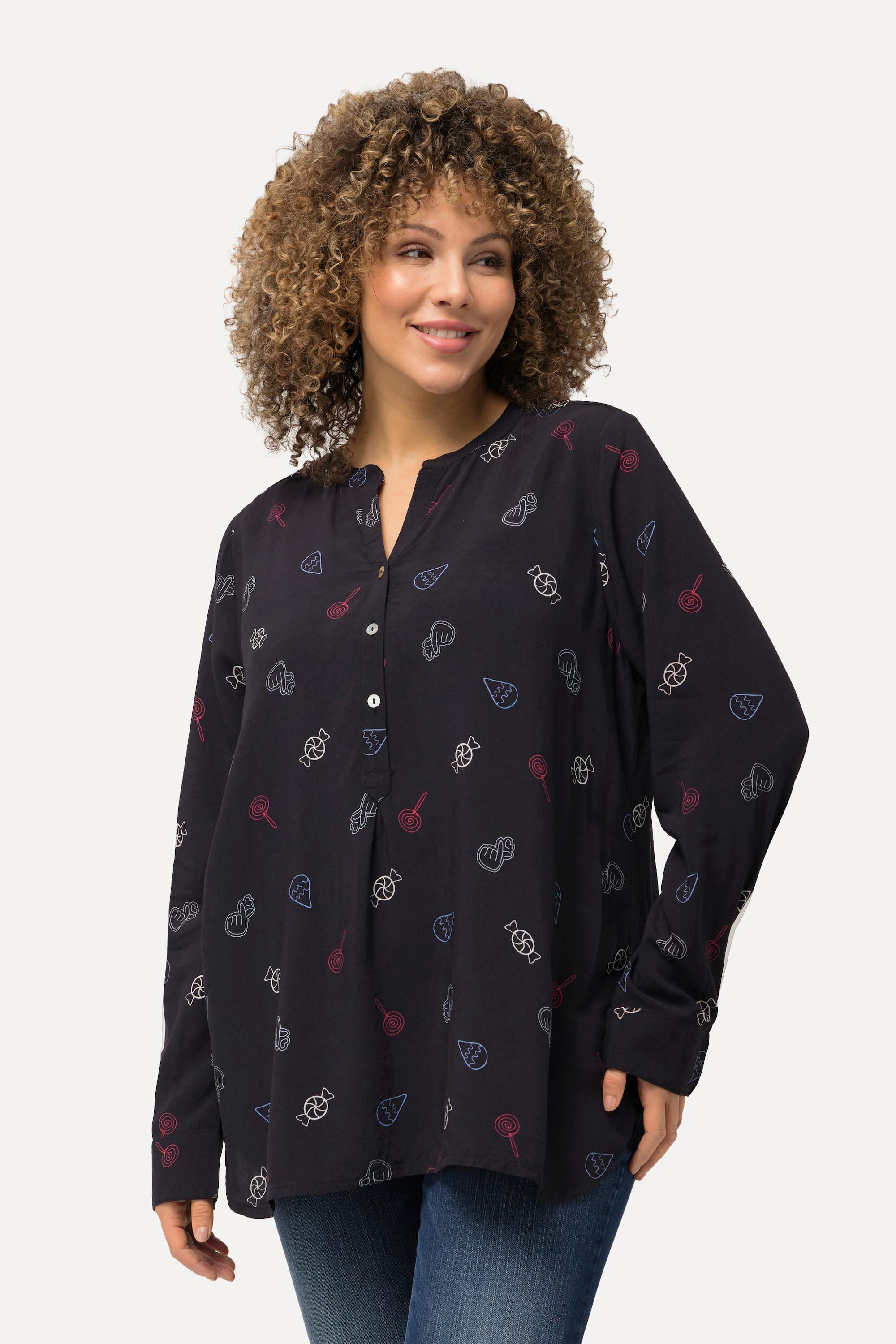 Ulla Popken  Blusa con stampa ispirata ai fumetti, colletto alto, scollo a V e maniche lunghe 