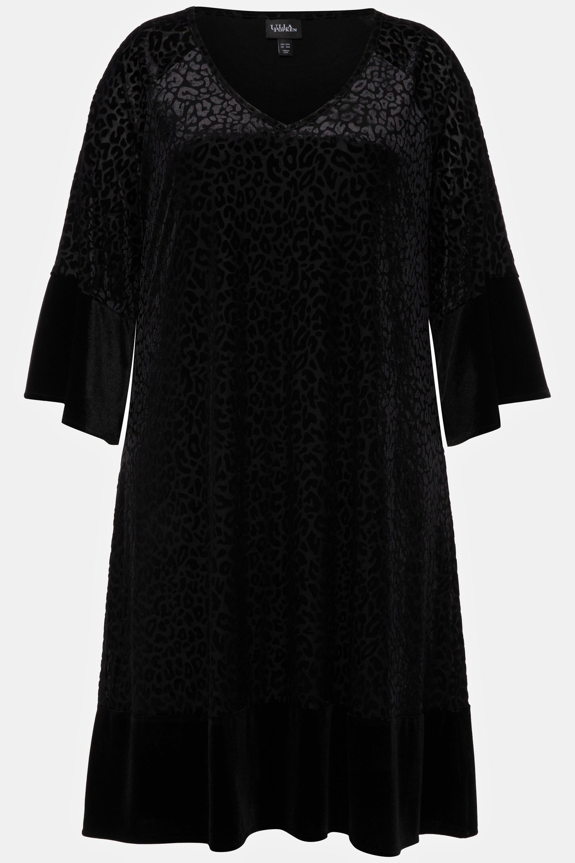 Ulla Popken  Robe midi à col rond et manches 3/4. Motif léopard et silhouette en A. 