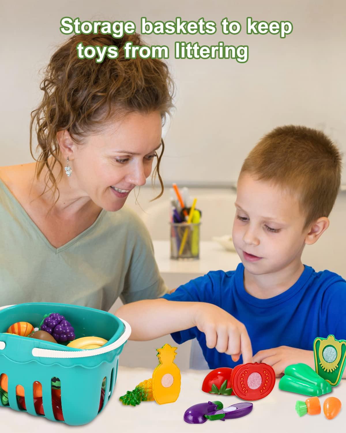 Activity-board  Spielküchenzubehör, Kinderküchenzubehör, Plastikobst zum Schneiden, verschiedene Obst- und Gemüsesorten, Teller, Schneidebretter 