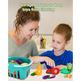 Activity-board  Spielküchenzubehör, Kinderküchenzubehör, Plastikobst zum Schneiden, verschiedene Obst- und Gemüsesorten, Teller, Schneidebretter 