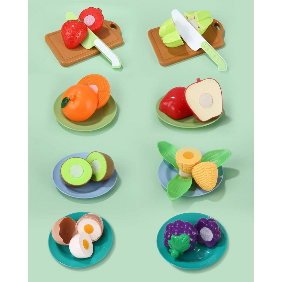 Activity-board  Spielküchenzubehör, Kinderküchenzubehör, Plastikobst zum Schneiden, verschiedene Obst- und Gemüsesorten, Teller, Schneidebretter 