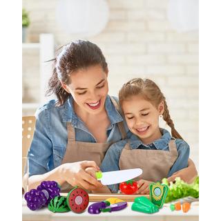 Activity-board  Spielküchenzubehör, Kinderküchenzubehör, Plastikobst zum Schneiden, verschiedene Obst- und Gemüsesorten, Teller, Schneidebretter 