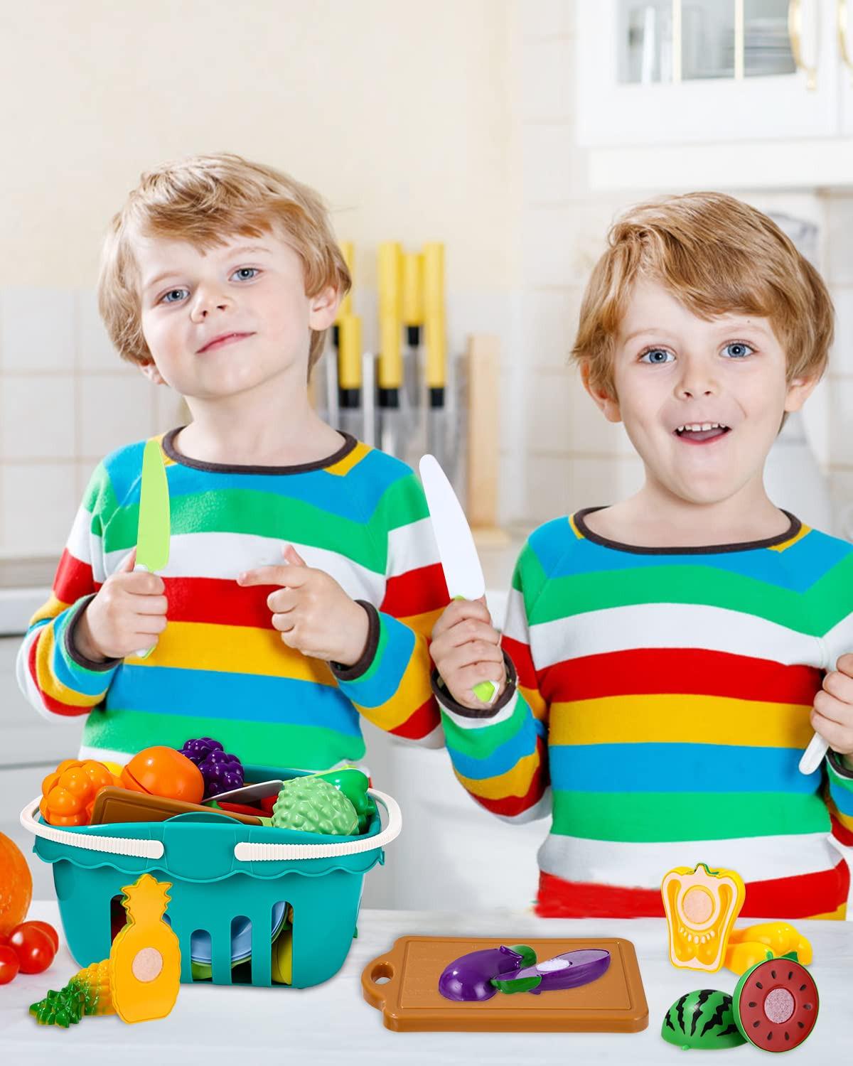 Activity-board  Spielküchenzubehör, Kinderküchenzubehör, Plastikobst zum Schneiden, verschiedene Obst- und Gemüsesorten, Teller, Schneidebretter 