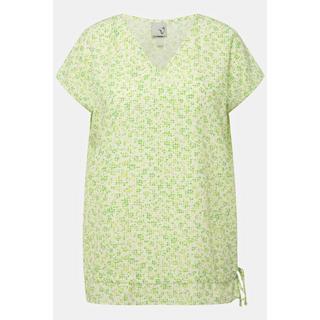 Ulla Popken  Blouse à fleurs. Décolleté en V, manches courtes. Cordon de serrage à la base. 