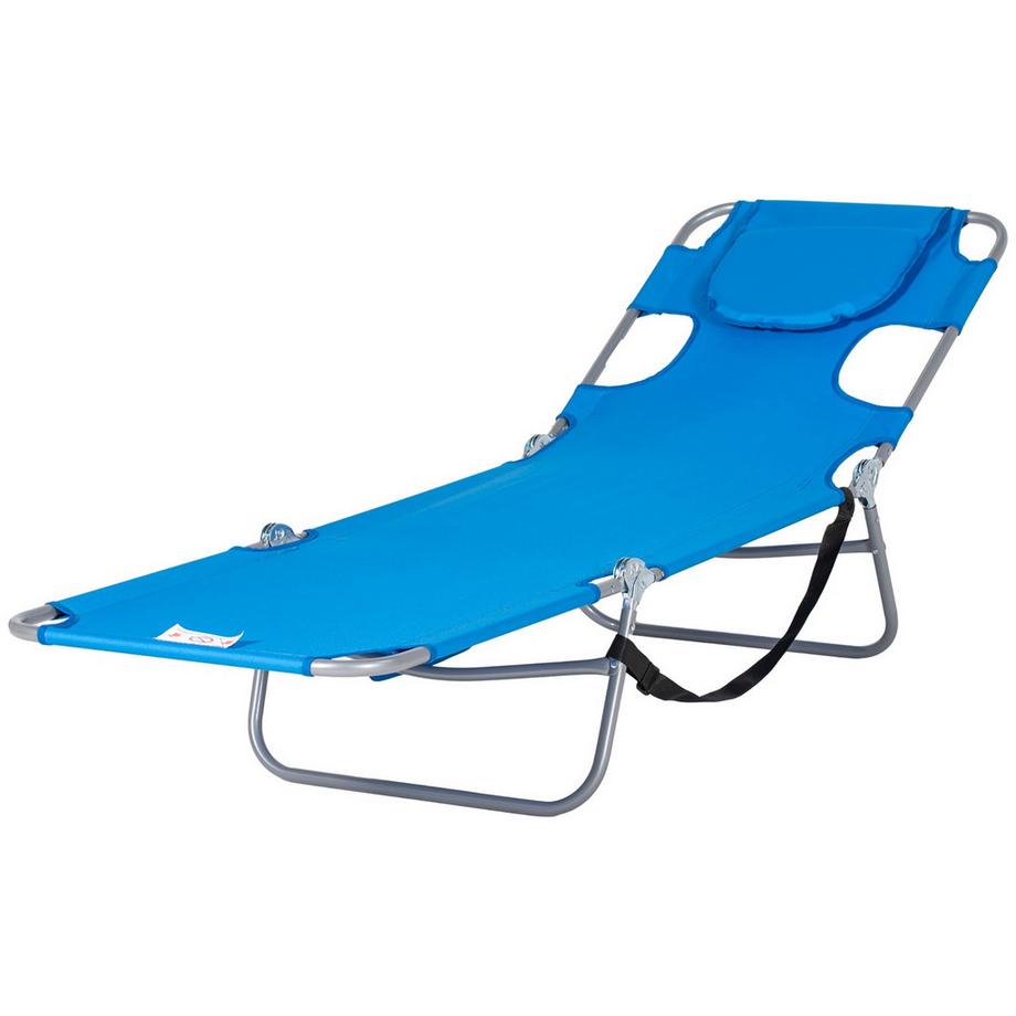 Sonnenliege klappbar Gartenliege mit Lesefenster, Kopfkissen, Liegestuhl mit 5-Fach verstellbare Rückenlehne, wetterfeste Campingliege bis 120 kg belastbar, für Garten Strand Pool, Blau