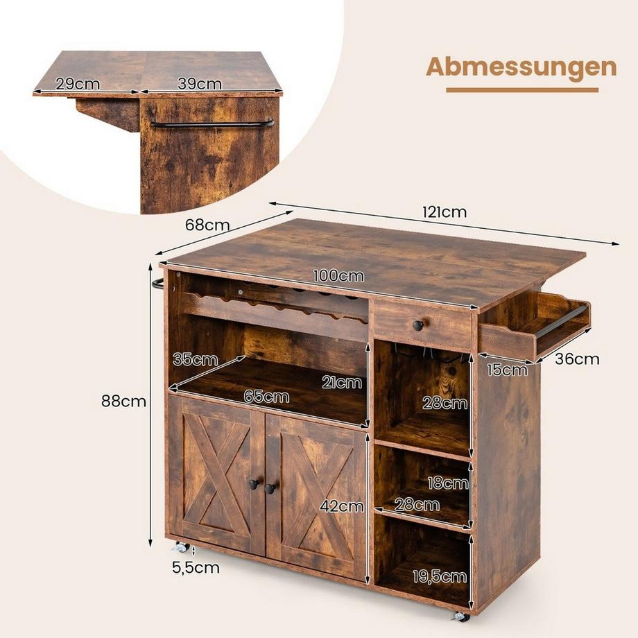 Northio Desserte de cuisine sur roulettes Desserte de service avec plan de travail rabattable 121 x 68 x 88 cm Marron rustique  
