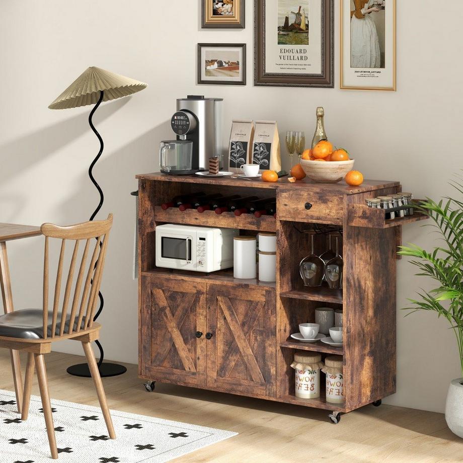 Northio Desserte de cuisine sur roulettes Desserte de service avec plan de travail rabattable 121 x 68 x 88 cm Marron rustique  