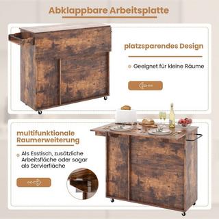 Northio Desserte de cuisine sur roulettes Desserte de service avec plan de travail rabattable 121 x 68 x 88 cm Marron rustique  