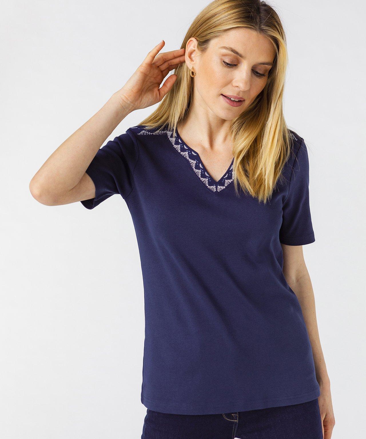 Image of Besticktes T-shirt Aus Reiner Bio-baumwolle. Damen Blau 38/40