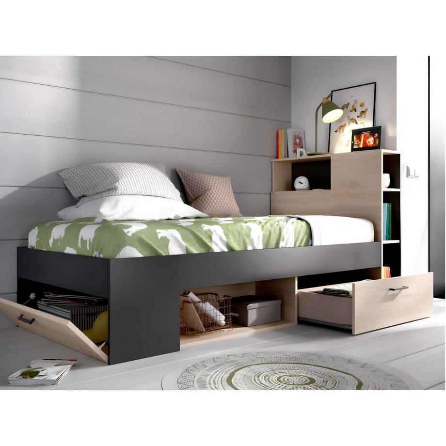 Vente-unique Letto singolo con testiera portaoggetti e cassetti  Quercia e Antracite LEANDRE  