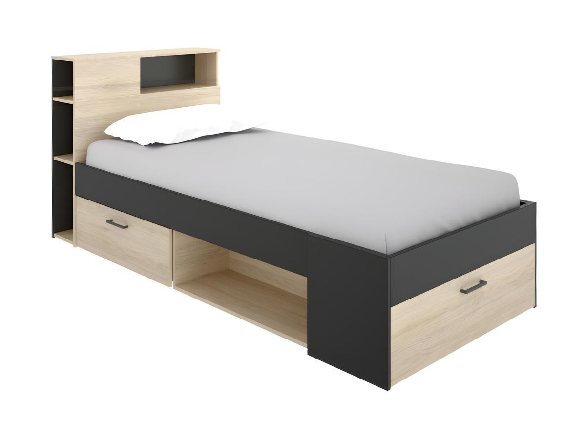 Vente-unique Letto singolo con testiera portaoggetti e cassetti  Quercia e Antracite LEANDRE  