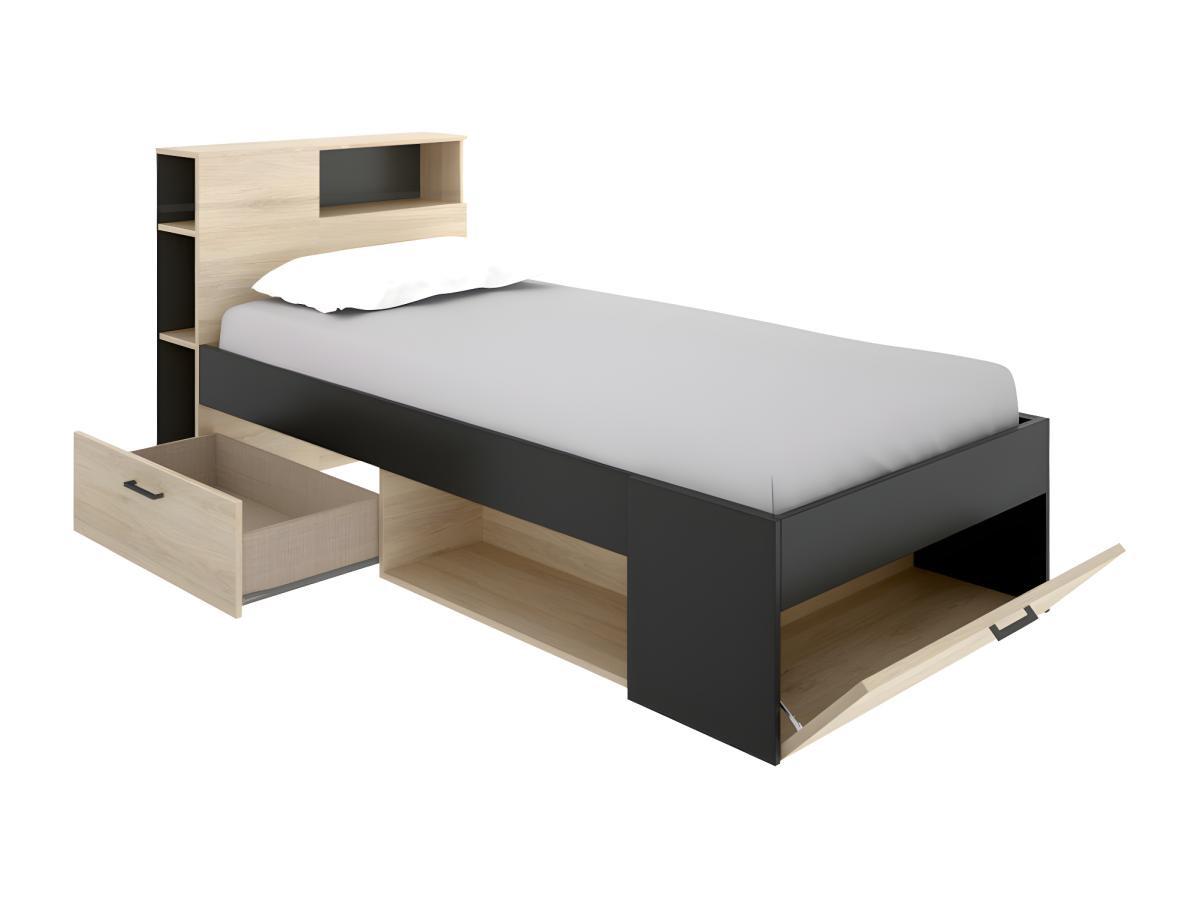 Vente-unique Letto singolo con testiera portaoggetti e cassetti  Quercia e Antracite LEANDRE  