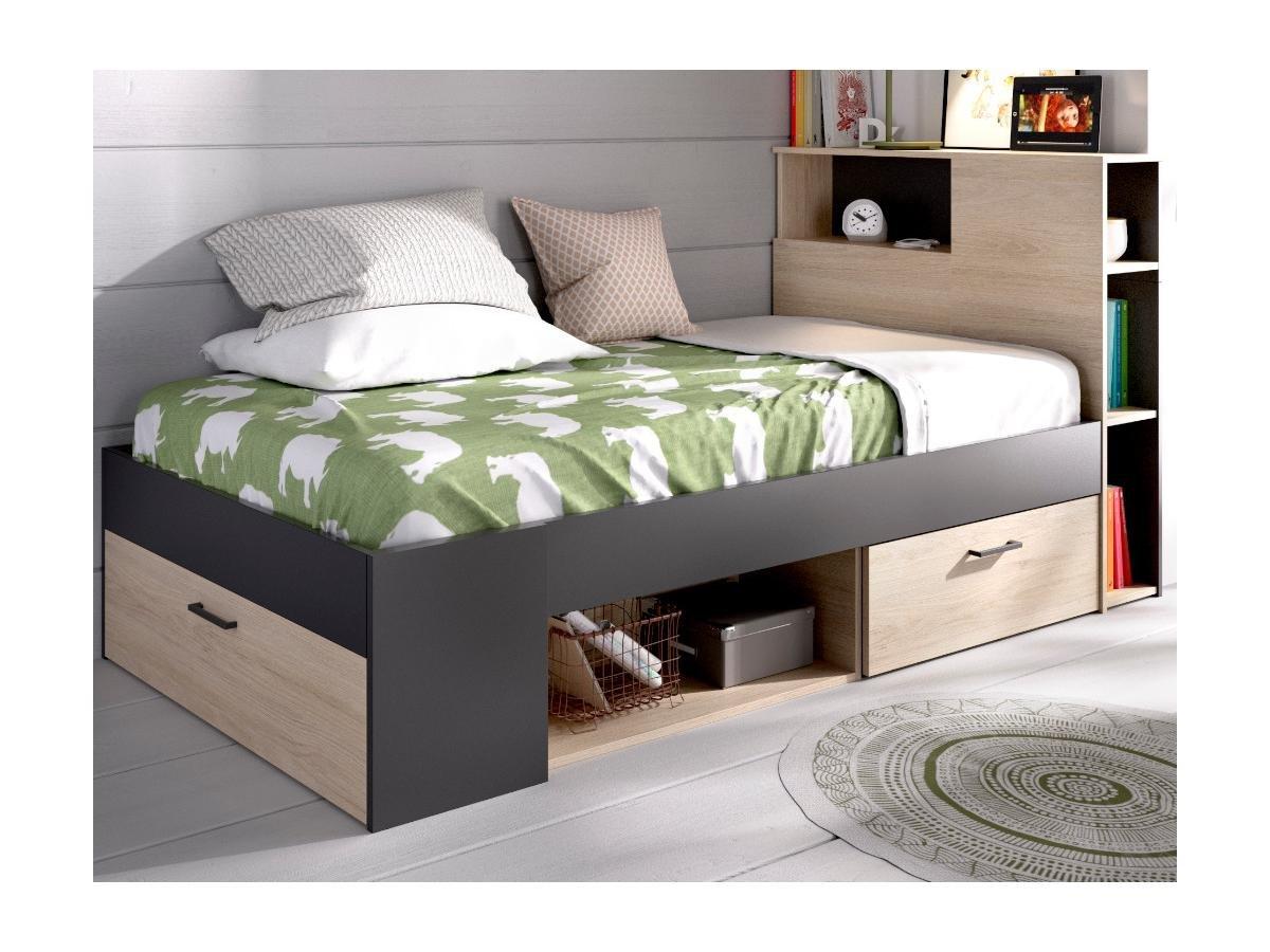 Vente-unique Letto singolo con testiera portaoggetti e cassetti  Quercia e Antracite LEANDRE  