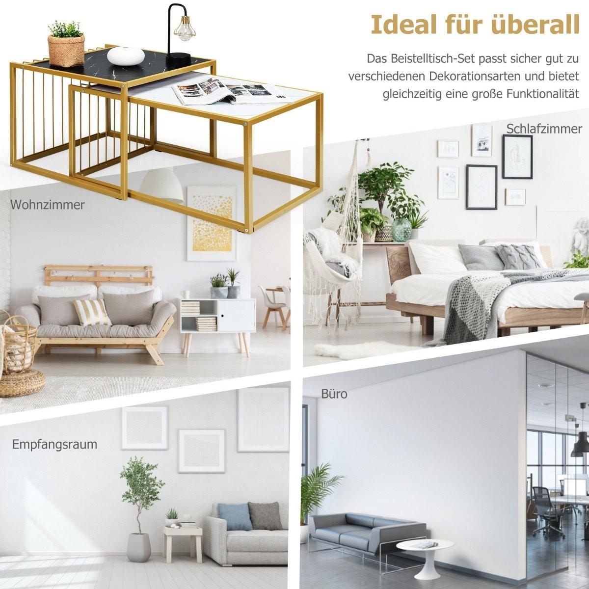 Northix 2 x Beistelltisch Set Couchtisch Satztische Marmor Moderner Satztisch Gelb + Schwarz + Weiß  