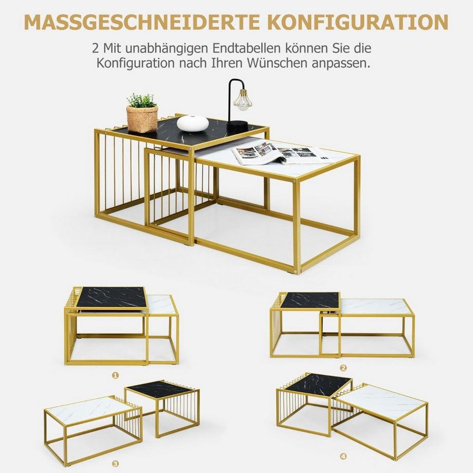 Northix 2 x Beistelltisch Set Couchtisch Satztische Marmor Moderner Satztisch Gelb + Schwarz + Weiß  
