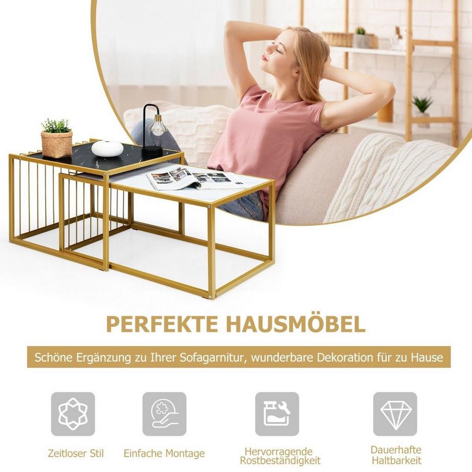 Northix 2 x Beistelltisch Set Couchtisch Satztische Marmor Moderner Satztisch Gelb + Schwarz + Weiß  