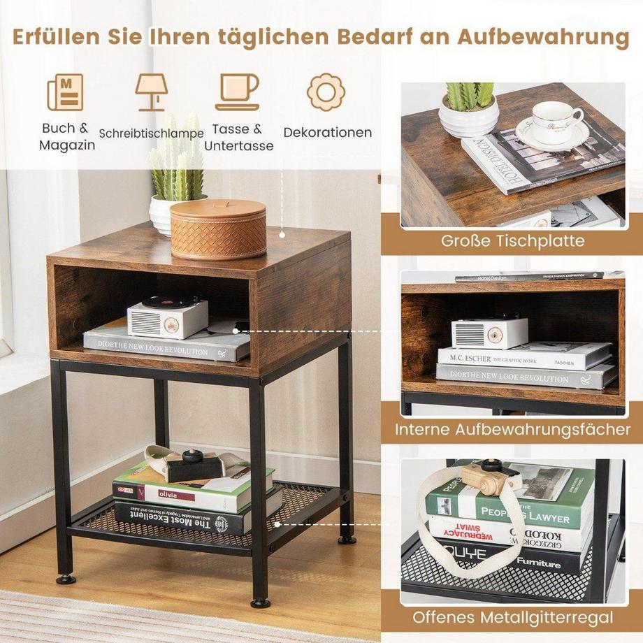 Northix Tavolino con vano portaoggetti e ripiano in griglia comodino con struttura in metallo 40 x 40 x 57,5 ​​cm  