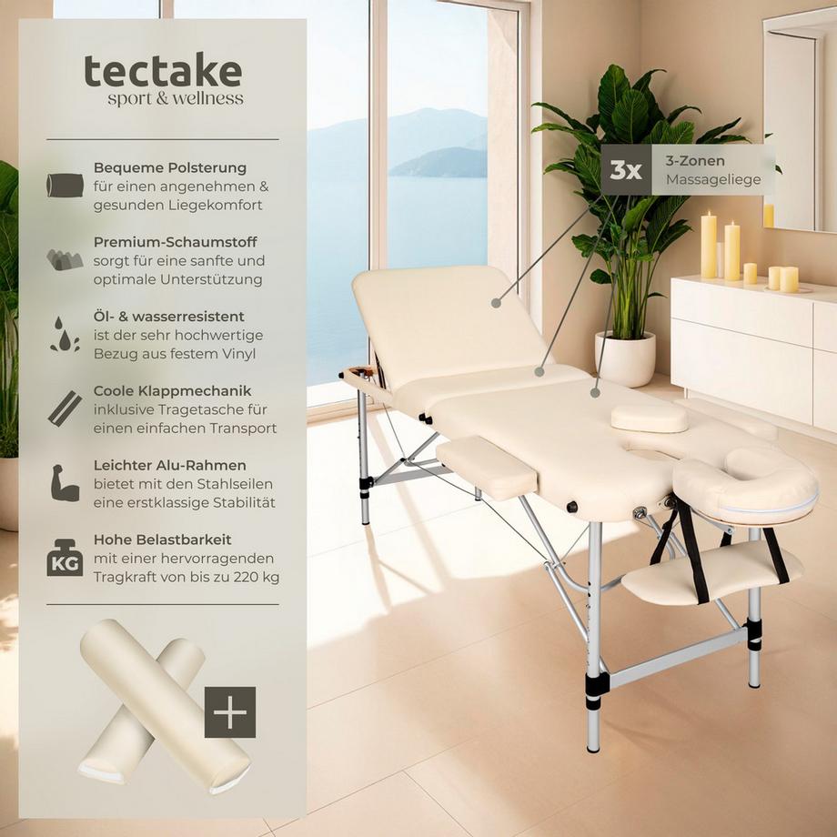 Tectake 3 Zonen Massageliege mit 5cm Polsterung, Rollen und Aluminiumgestell  