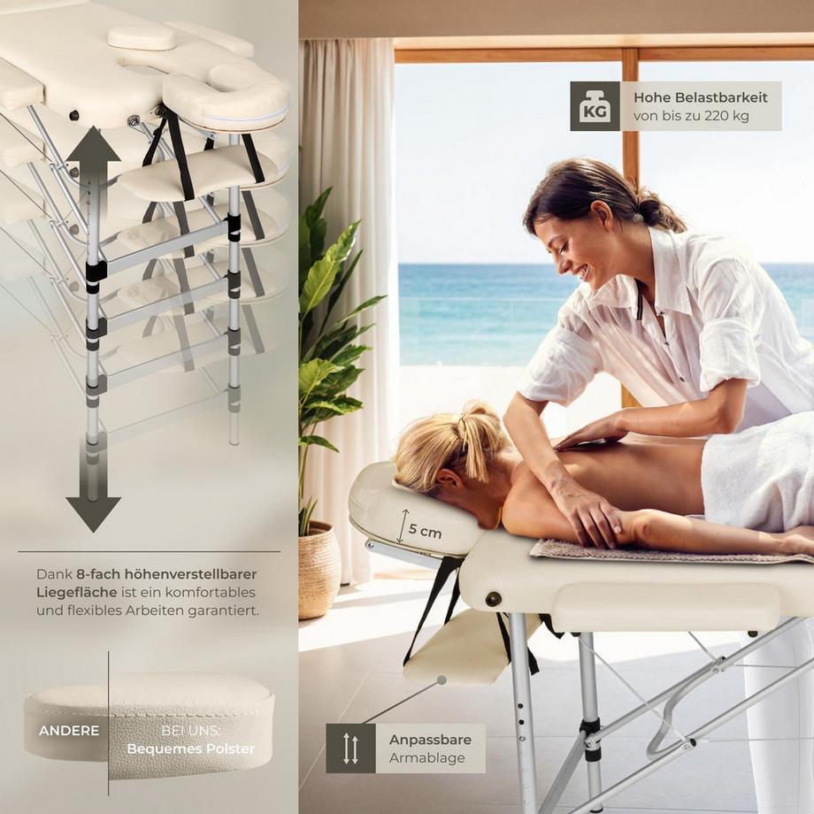Tectake 3 Zonen Massageliege mit 5cm Polsterung, Rollen und Aluminiumgestell  