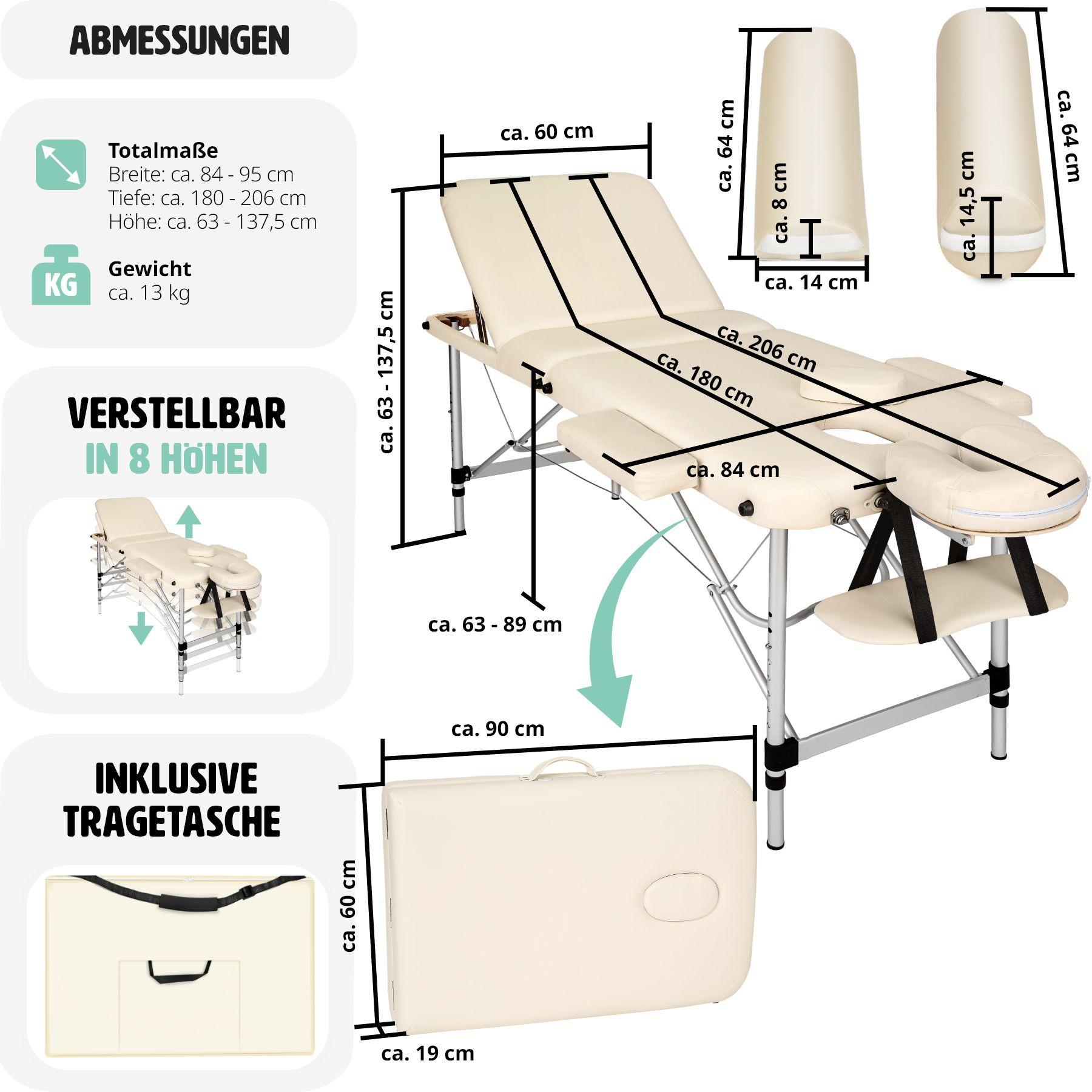 Tectake 3 Zonen Massageliege mit 5cm Polsterung, Rollen und Aluminiumgestell  