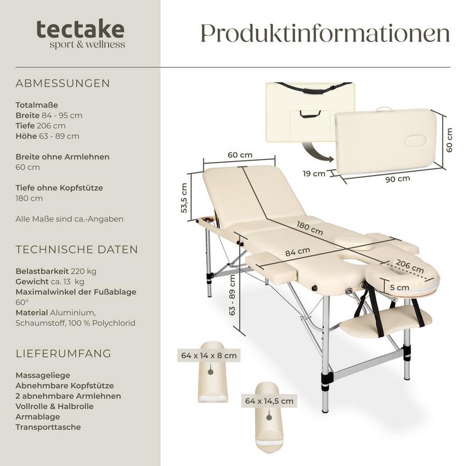 Tectake 3 Zonen Massageliege mit 5cm Polsterung, Rollen und Aluminiumgestell  