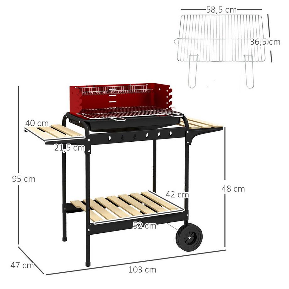 Northio Barbecue à charbon en métal, fumoir pour barbecue avec roulettes, grille réglable en hauteur, étagère en bois, chariot à charbon de bois mobile, barbecue au charbon de bois pour barbecue camping, terrasse, 103x47x95 cm Aosom  