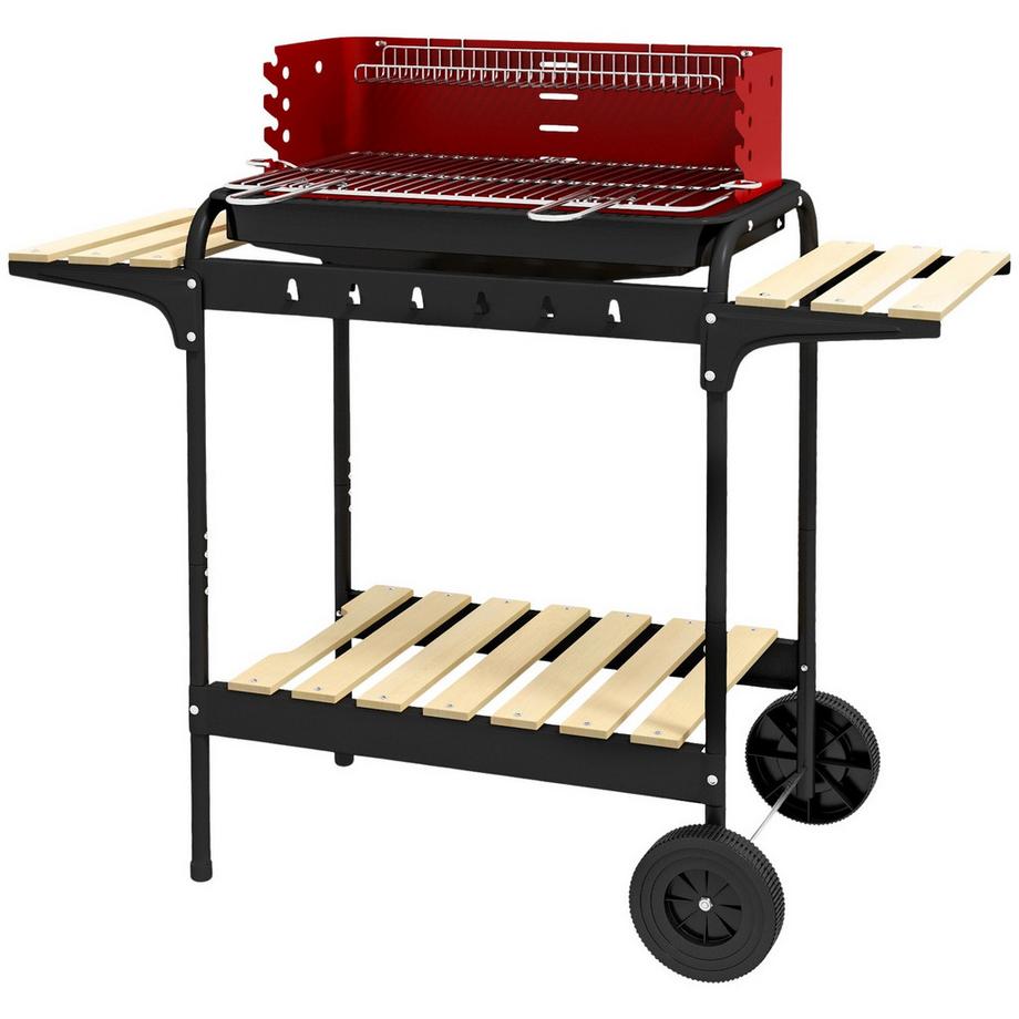 Barbecue à charbon en métal, fumoir pour barbecue avec roulettes, grille réglable en hauteur, étagère en bois, chariot à charbon de bois mobile, barbecue au charbon de bois pour barbecue camping, terrasse, 103x47x95 cm Aosom