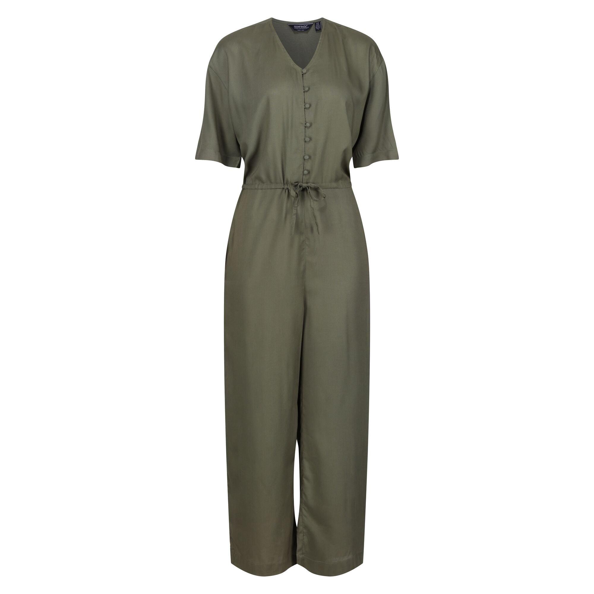 Image of Streap Jumpsuit Vorn Geknöpft Kurzärmlig Damen Grau 34