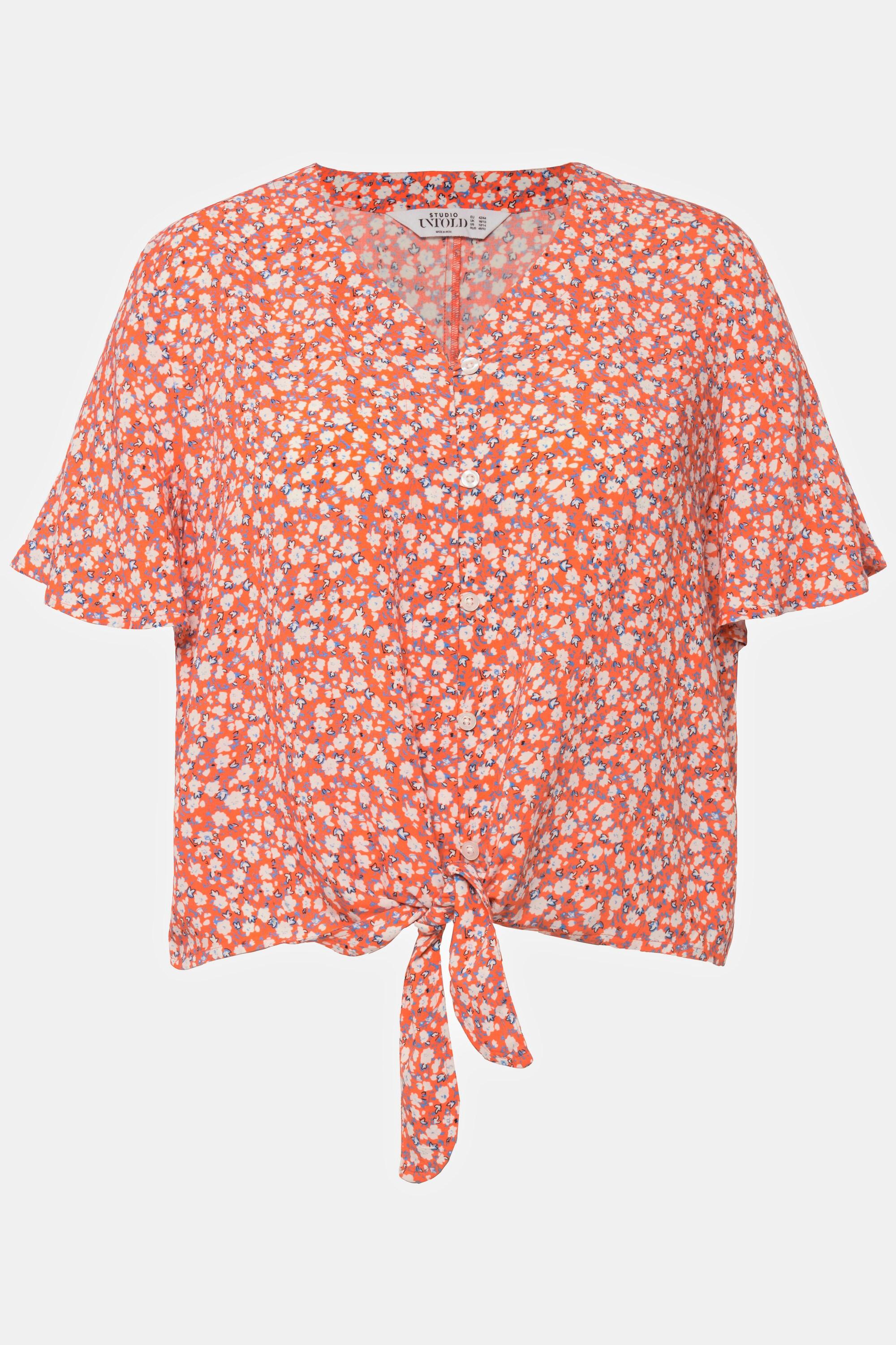 Studio Untold  Bluse, Boxy Fit,  V-Ausschnitt, Halbarm, Saumknoten papaya-orange 