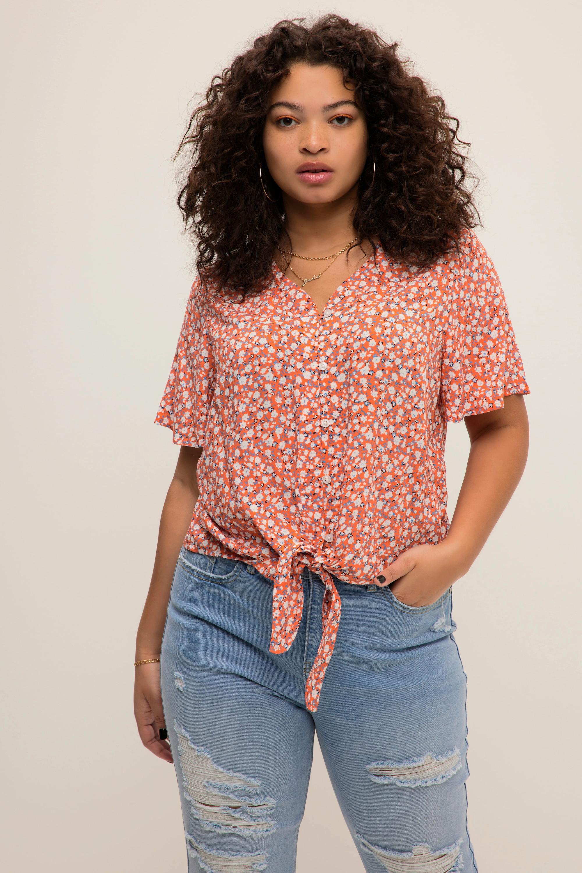 Studio Untold  Bluse, Boxy Fit,  V-Ausschnitt, Halbarm, Saumknoten papaya-orange 