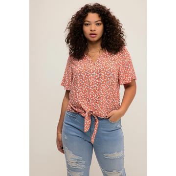 Blouse boxy à col en V et manches courtes papillon, imrpimé floral et nœud fantaisie