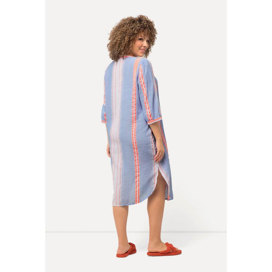 Ulla Popken Gestreifter Oversized V-Ausschnitt 3/4 Arm Kaftan  