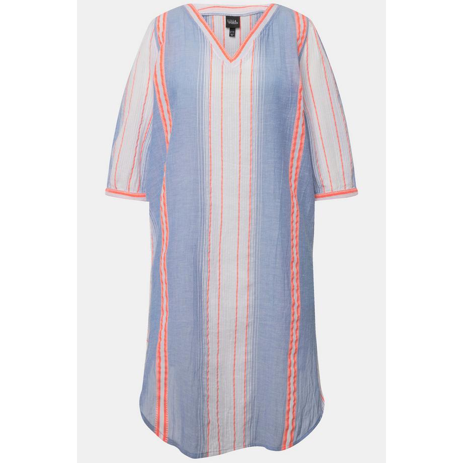 Ulla Popken Gestreifter Oversized V-Ausschnitt 3/4 Arm Kaftan  