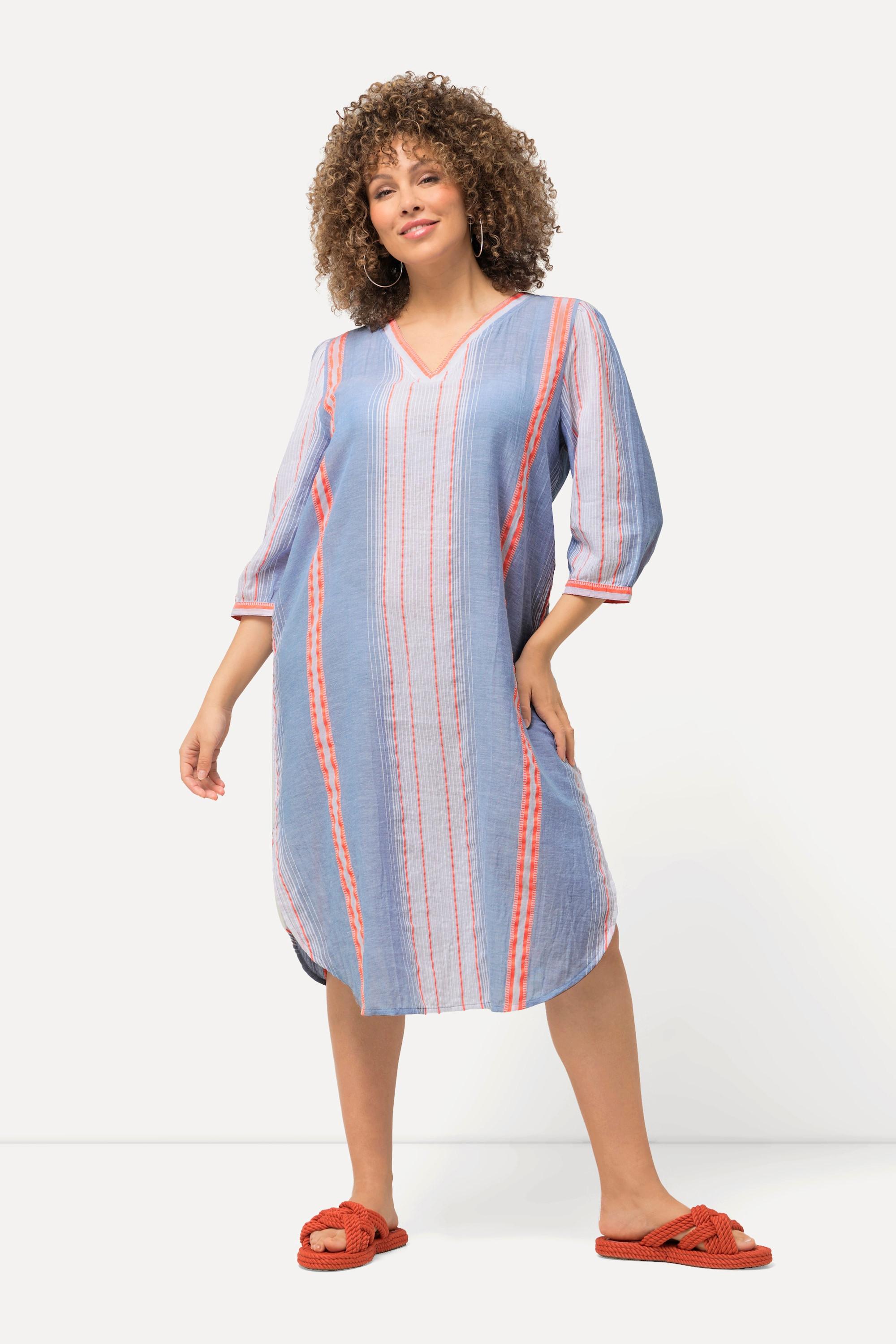 Ulla Popken  Kaftan, Streifen, Oversized, V-Ausschnitt, 3/4-Arm 